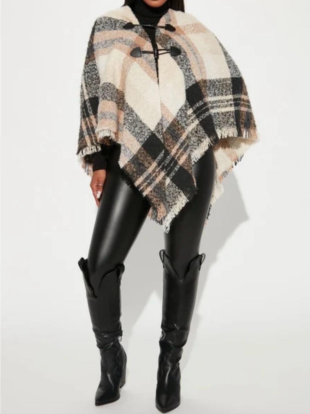 Vince Camuto Plaid Fringed Toggle Poncho in Black, Cream & Tan